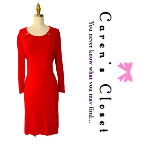 Calvin Klein Gold Zipper Red Sweater Dress - Picture 2 of 5
